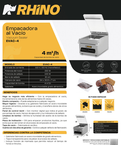 Empacadora Alto Vacío Rhino Evac4 Acero Inoxidable