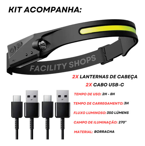 Kit 2 Lanterna De Cabeça Led Pesca Mecânico Bike Camping Recarregável 6 Funções Facility Shops