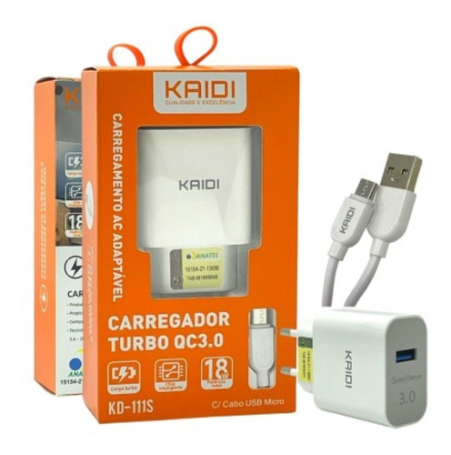 Carregador Micro Usb V8 Kaidi Original Turbo - Cabo + Fonte