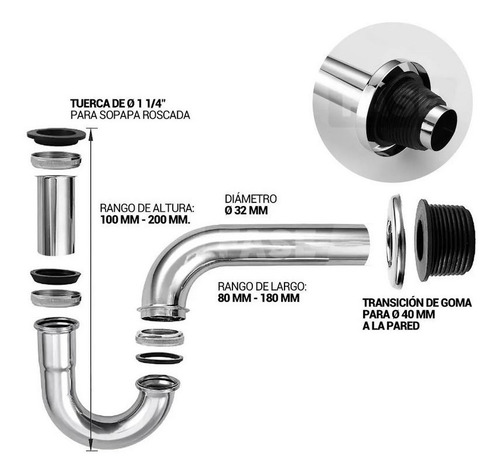 Sifon Descarga Lavatorio Baño Metalico Rigido Extens 1 1/4 Color Cromado