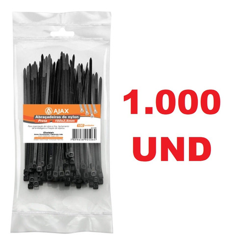 Abraçadeira Nylon 150x2,5 Preto Pacote C/ 1000 Unidades