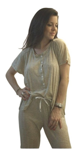 Imagen 4 de 7 de Pijama Abotonado Maternal Largo Anna Pantalon Y Remera Corta