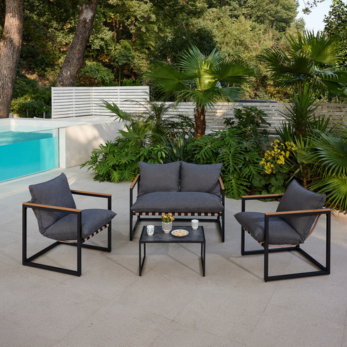 Sala De Jardín Exterior Con Cojines y Mesa Juego de 4Pzs Estructura de Acero Soporte en Madera Muebles de Patio al Aire Libre Terraza Balcón KingsHouse Kh4plbc Negro