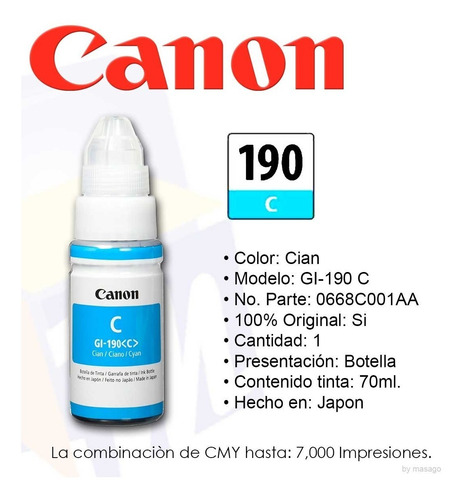 Imagen 4 de 7 de Combo 4 Botella Tinta Canon Gi 190 Negro Cian Magenta Amaril