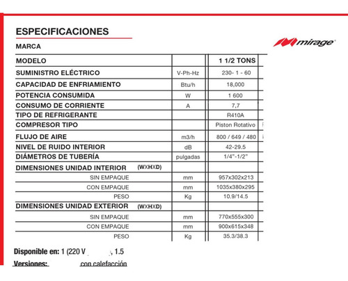 Minisplit 230v Frio Calor Mirage 1.5 Ton 18000 Btu