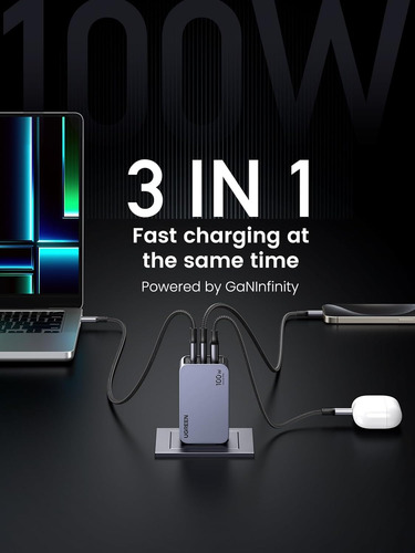 Ugreen Cargador 100w 2usb-c 1usb Gan +cable C Para Mac 25873