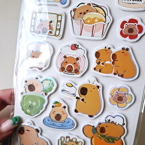 Plancha Stickers Con Relieve Capibara Kawaii Carpincho Capy