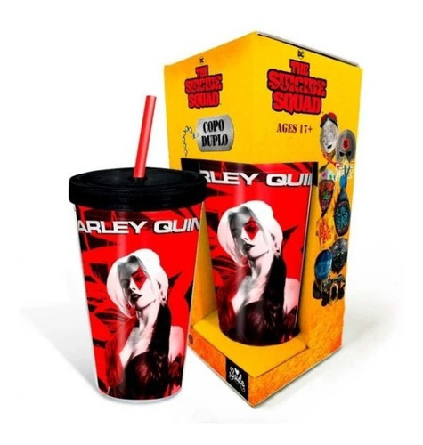 Copo Canudo Esquadrao Suicida Harley Quinn Alerquina Dc Cor Vermelho Com Tampa Preta