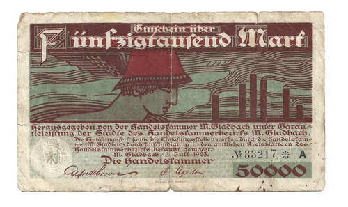 Billete Alemania Notgeld München - Gladbach 50,000 Mark 1923