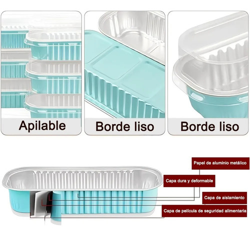 Banna 50 Molde Aluminio Desechable 200ml Con Tapa, 6.8 Oz/200ml Moldes Para Tartas, Molde Rectangular De Papel De Aluminio Para Tartas, Para Picnics, Barbacoas, Camping, Bodas, Fiestas,Azul