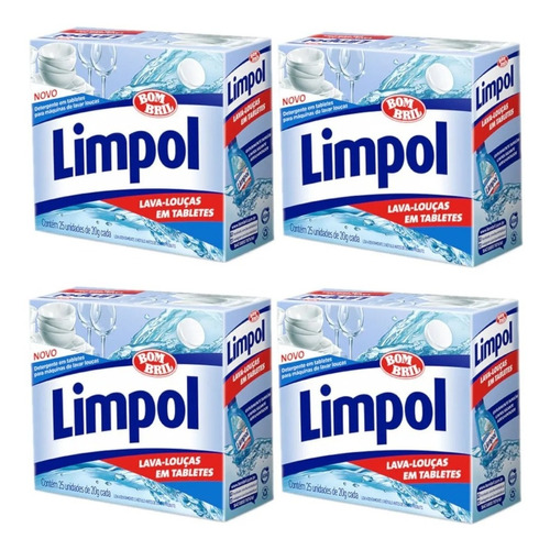 4 Detergente Máquina Lavar Louças Limpol 25 Tabletes Cada