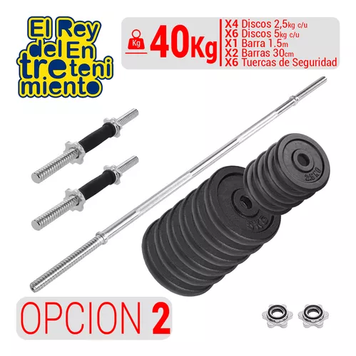 Set 2 Mancuernas + Barra 1.5m + 20 Kg Hierro Compacto - 2 Discos