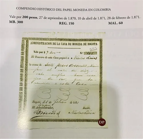 Vale Casa De Moneda De Bogotá 1871 (Usado)