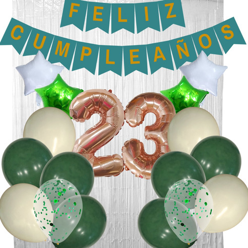 Combo Globos Cumpleaños Perlados Cristal Confeti Verde Oliva