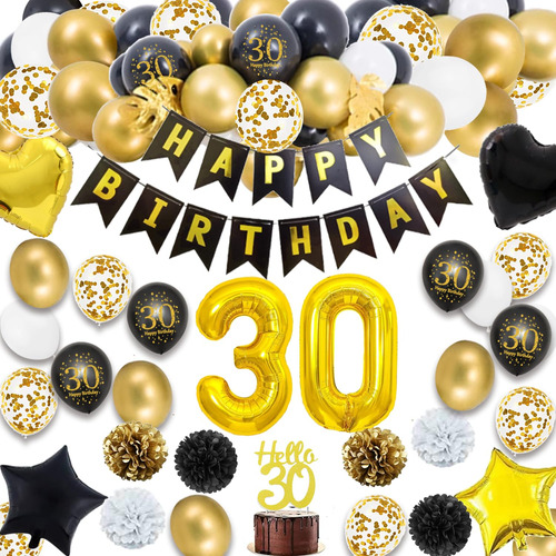 Globos Decorados Para La Fiesta Cumpleaños 30 En Negro Y Oro