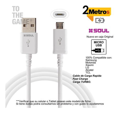 Imagen 2 de 7 de Cable Micro Usb Largo 2 Metros Carga Rapida Turbo Reforzado
