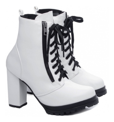 Imagem 3 de 4 de Bota Branca Feminina Cano Curto Salto Alto Grosso Elegante