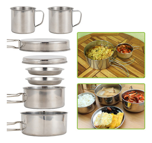 Set De Cocina Para Camping 8pcs, Acero Inoxidable, Ollas, Sa