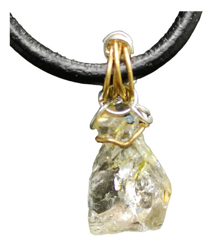 Cuarzo Rutilo Dorado Collar De Cuero Grueso Negro Y Bronce