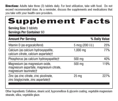 Calcio Magnesio Zinc Con Vitamina D 1000 Mg 500 Mg 25 Mg 180