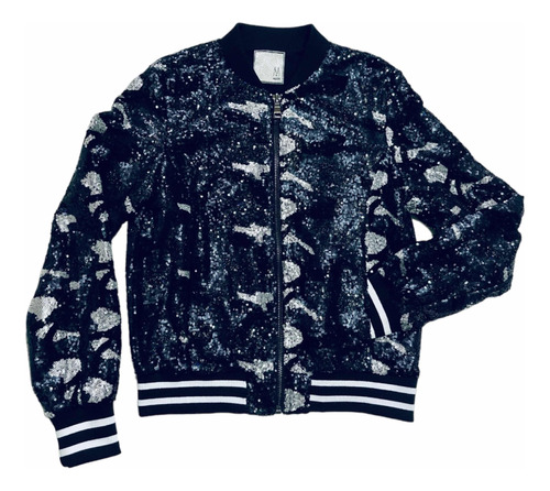 Casaca Bomber Lentejuelas Tonos Plata Azul Y Negro M Nueva