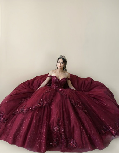 Vestido De Xv Quinceañera Vino Rojo Apliques De Flores