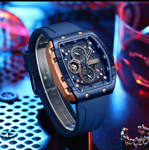 Reloj Curren 8442 Diseño Barril_cronógrafo_deportivo_actual Malla Azul Bisel Azul/dorado Fondo Azul