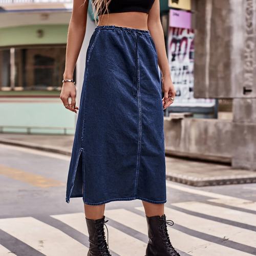 Falda Midi De Mezclilla Con Cintura Elástica Para Mujer, Est