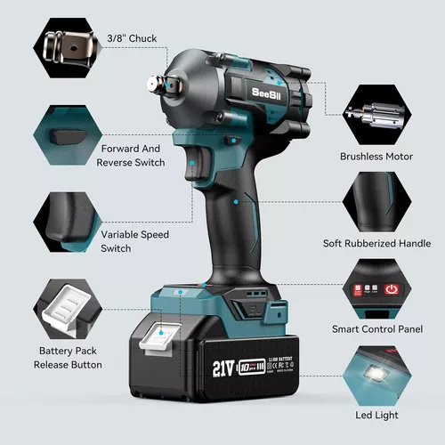 Seesii Llave de impacto inalámbrica de 3/8 pulgadas, pistola de impacto de  potencia con par máximo de 330 pies-libras (450 Nm), batería recargable de