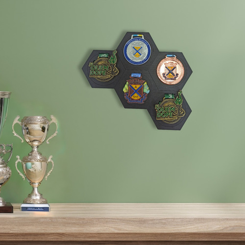 Porta Medalhas De Mdf Unissex Hexagonal - Kit Com 5 Peças Cor Preto