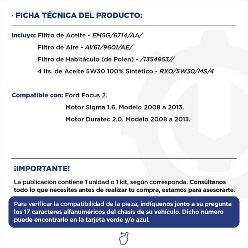 Imagen 2 de 10 de Kit Filtros Aceite + Aire + Polen + 5w30 4 Lts Focus 1.6 2.0