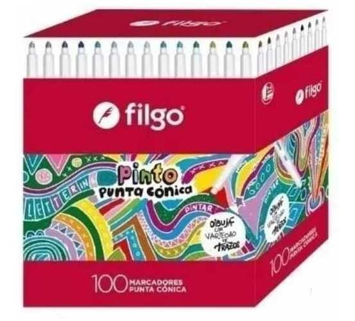 Caja X100 Marcadores Filgo Pinto Punta Conica Fibras Colores