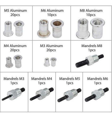 Imagen 6 de 10 de Kit Remachadora Tuerca 86 Piezas M3 A M8 Remache Ciego / Uss