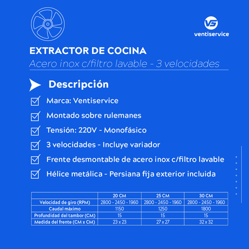 Extractor Cocina 20 Cm Filtro Lavable Acero 3 Velocidades