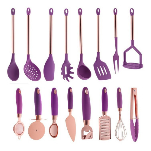 Utensílios De Silicone Rose Gold Pratic Chef Rosa 16 Peças