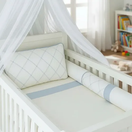Kit Berço Algodão Padrão Americano Bordado Azul Bebê