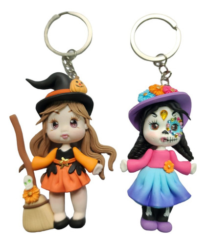 Llavero Catrina Azul Y Bruja Naranja De Pasta+estuche N19