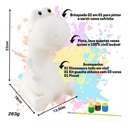 Dinossauro para Pintar / Cofrinho Baby Rex - Kit 3 Cores Tinta