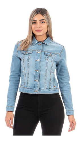 Imagen 1 de 5 de Chamarra De Mezclilla Stretch Ajustable Para Dama Azul Medio