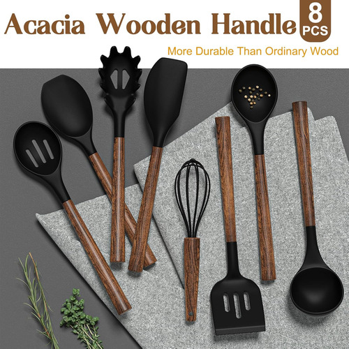 Juego 8 Piezas Utensilios Cocina Silicona Asas Madera