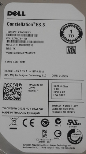 Imagem 1 de 4 de Hd Dell 1tb Sata3 Es.3 6g 7.2k 128mb 3,5 St1000nm0033 0w69th