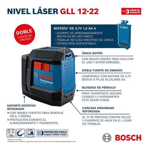 Nivel A Laser 2 Linhas Vermelhas Bosch Gll 12-22 12 Metros