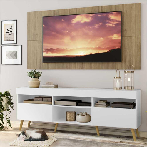 Rack C/ Painel Tv 65 Bco/rustic Londres Multimóveis Pé Retrô Cor Branco/Rustic