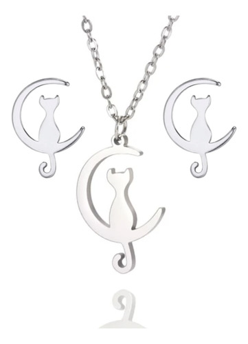 Collar Aretes Set Gato Luna Joya Regalo Mujer Plata 950