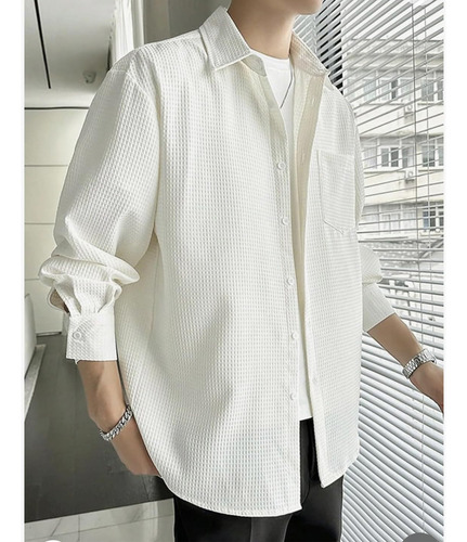 Camisa Casual Corte Entallado De Gofre Liso Para Hombre