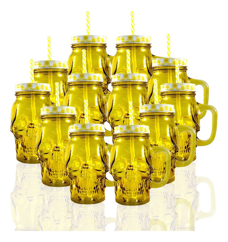 12pz Mason Jar Calavera Skull 16oz Tarro Vidrio Colores Tapa Color Amarillo