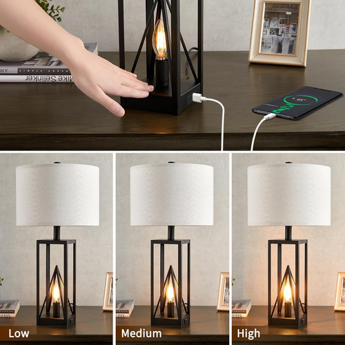 Juego De 2 Lámparas De Mesa 24 Negro Con Luz Nocturna Y Usb