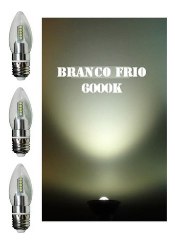 Kit 3 Lâmpadas Vela Cristal Sem Bico Led E-27 Branco Frio