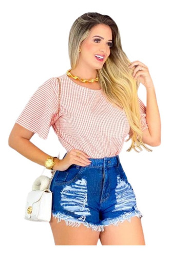 Imagem 1 de 4 de Shorts Jeans Hot Pants Feminino Cintura Alta Desfiado St006