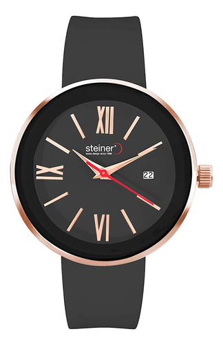 Reloj Para Mujer Números Romanos Steiner Con Fechador 37 Mm Correa Negro Bisel Oro rosa Fondo Negro